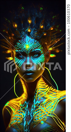Portrait of a mystical fantasy bioluminescent neon woman. Glamorous fashionable lady. Generative AI Art. Portrait of a mystical fantasy bioluminescent neon woman. Glamorous fashionable lady. Generative AI Art. 100610370