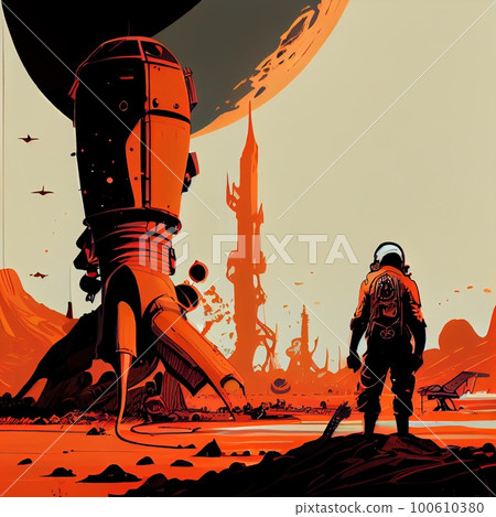 An astronaut on an alien planet. A high-tech astronaut from the future. Generative AI Art. 100610380