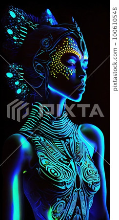 Portrait of a mystical fantasy bioluminescent neon woman. Glamorous fashionable lady. Generative AI Art. Portrait of a mystical fantasy bioluminescent neon woman. Glamorous fashionable lady. Generative AI Art. 100610548