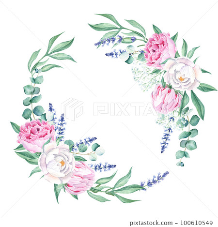 Watercolor peonies, eucalyptus, lavender branches wreath, round frame isolated on white background. Hand drawn botanical illustration. For wedding invitations, save the date, greeting card, logos 100610549