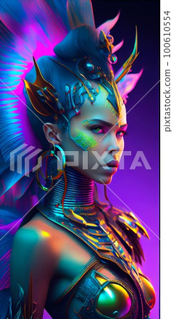 Portrait of a mystical fantasy bioluminescent neon woman. Glamorous fashionable lady. Generative AI Art. 100610554
