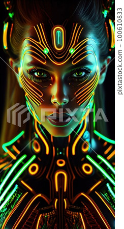 Portrait of a mystical fantasy bioluminescent neon woman. Glamorous fashionable lady. Generative AI Art. Portrait of a mystical fantasy bioluminescent neon woman. Glamorous fashionable lady. Generative AI Art. 100610833