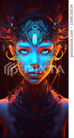 Portrait of a mystical fantasy bioluminescent neon woman. Glamorous fashionable lady. Generative AI Art. Portrait of a mystical fantasy bioluminescent neon woman. Glamorous fashionable lady. Generative AI Art. 100610834