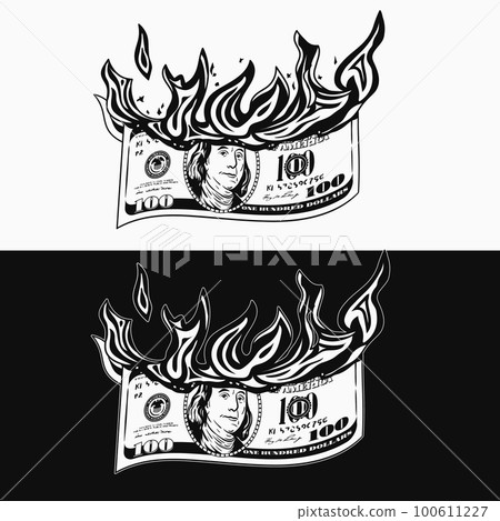 Burning 100 dollar bill. Concept on depreciation of money, inflation, disappearance of savings. Detailed monochrome illustration on black, white background in vintage style. Burning 100 dollar bill. Concept on depreciation of money, inflation, disappearance of savings. Detailed monochrome illustration on black, white background in vintage style. 100611227