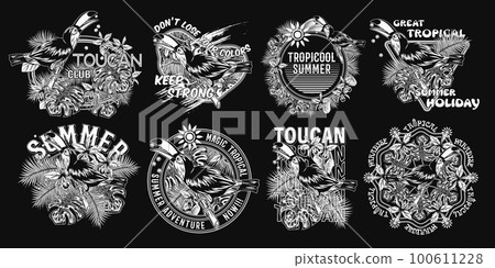 Set of labels with toucan bird, tropical foliage, orchid, text on black background. Holiday summer theme. Detailed illustration for prints, clothing, t shirt design Set of labels with toucan bird, tropical foliage, orchid, text on black background. Holiday summer theme. Detailed illustration for prints, clothing, t shirt design 100611228