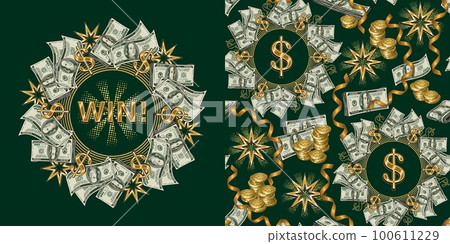 Set of pattern, circle label with 100 US dollar bills, wads, shiny golden dollar sign, ribbons, stars, halftone shapes, stacks of coins Concept of success, jackpot, luck, win, casino, Vintage style Set of pattern, circle label with 100 US dollar bills, wads, shiny golden dollar sign, ribbons, stars, halftone shapes, stacks of coins Concept of success, jackpot, luck, win, casino, Vintage style 100611229