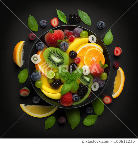 Fruit salad, many different ripe tasty sweet appetizing fruits cut on a plate on a black background close-up, healthy eating concept Fruit salad, many different ripe tasty sweet appetizing fruits cut on a plate on a black background close-up, healthy eating concept 100611230