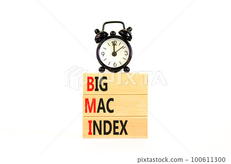 BMI big mac index symbol. Concept words BMI big mac index on wooden blocks on a beautiful white table white background. Black alarm clock. Business and BMI big mac index concept. Copy space. 100611300