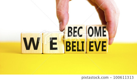 We become or believe symbol. Concept word We believe We become on wooden cubes. Beautiful yellow table white background. Businessman hand. Business we become or believe concept. Copy space. We become or believe symbol. Concept word We believe We become on wooden cubes. Beautiful yellow table white background. Businessman hand. Business we become or believe concept. Copy space. 100611313