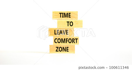 Leave comfort zone symbol. Concept words Time to leave comfort zone on wooden blocks. Beautiful white table white background. Business time to leave comfort zone concept. Copy space. Leave comfort zone symbol. Concept words Time to leave comfort zone on wooden blocks. Beautiful white table white background. Business time to leave comfort zone concept. Copy space. 100611346