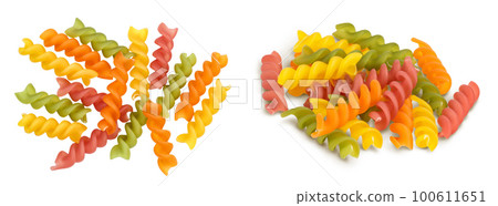 raw Fusilli colored pasta, isolated on white background with full depth of field. Top view. Flat lay raw Fusilli colored pasta, isolated on white background with full depth of field. Top view. Flat lay 100611651