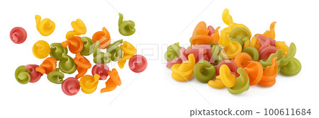 Raw colored pasta isolated on white background with full depth of field. Top view. Flat lay Raw colored pasta isolated on white background with full depth of field. Top view. Flat lay 100611684