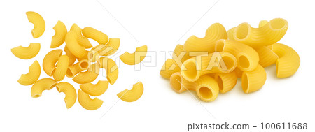 raw macaroni pasta isolated on white background with full depth of field. Top view. Flat lay raw macaroni pasta isolated on white background with full depth of field. Top view. Flat lay 100611688