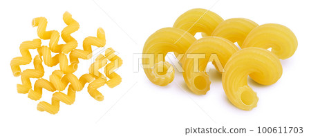 raw pasta cavatappi isolated on white background with  full depth of field. Top view. Flat lay 100611703