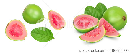 Guava fruit with slices isolated on white background with  full depth of field. Top view. Flat lay 100611774