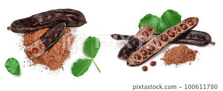 Carob pod and powder isolated on white background with  full depth of field. Top view. Flat lay 100611780