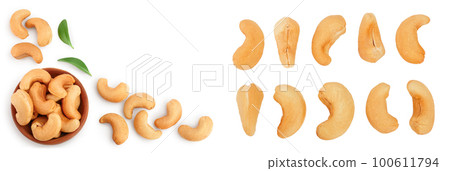 Roasted Cashew nuts in bowl isolated on white background with  full depth of field. Top view with copy space for your text. Flat lay 100611794
