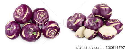 Cabbage kohlrabi isolated on white background closeup, Top view. Flat lay. Cabbage kohlrabi isolated on white background closeup, Top view. Flat lay. 100611797