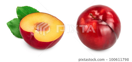 fresh red plum half with leaves isolated on white background fresh red plum half with leaves isolated on white background 100611798