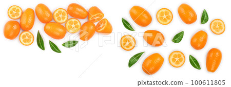 Cumquat or kumquat with half isolated on white background with copy space for your text. Top view. Flat lay Cumquat or kumquat with half isolated on white background with copy space for your text. Top view. Flat lay 100611805