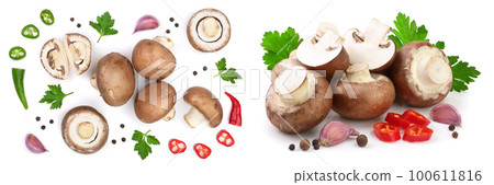 Fresh champignon mushrooms with parsley, peppercorns and red hot chili peppers isolated on white background. Top view 100611816