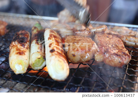 Charcoal-grilled barbecue grilled meat and grilled green onions 100613437