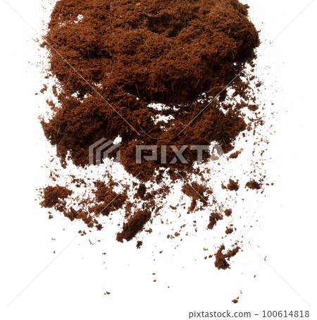 Coconut peel husk flying explosion, coconut chopped fine small S size fall down as dust. Coconut powder peel fertilizer splash throwing in Air. White background Isolated high speed shutter, freeze 100614818