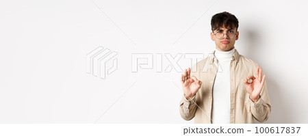 Not bad. Satisfied young man showing okay gestures and nod in approval, praise good work, pleased with results, standing on white background 100617837