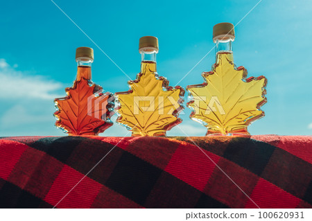 Maple syrup bottles in leaf shape outside. Selection of different grades of quality, golden, amber, dark for tasting gift from Quebec, Canada. 100620931