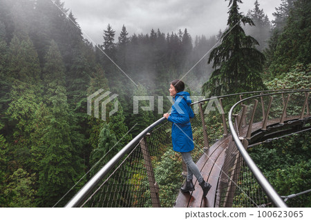 Canada Autumn travel destination in British Columbia. Asian tourist woman walking in famous attraction Capilano Suspension Bridge Park in North Vancouver, canadian vacation for tourism. Canada Autumn travel destination in British Columbia. Asian tourist woman walking in famous attraction Capilano Suspension Bridge Park in North Vancouver, canadian vacation for tourism. 100623065