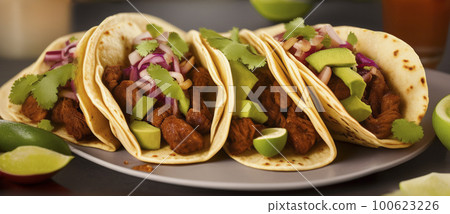 Three mexican tacos with pork or beef meet, avocado, red onion, cilantro and lime on grey plate Three mexican tacos with pork or beef meet, avocado, red onion, cilantro and lime on grey plate 100623226