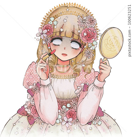 化妝不順利......帶口紅和鏡子的公主插畫 100623251