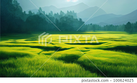 Green field, tree and blue sky.Great as a background,web banner. Generative AI. Green field, tree and blue sky.Great as a background,web banner. Generative AI. 100624025