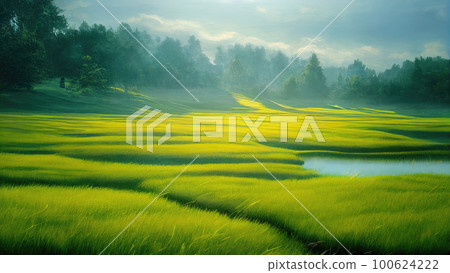Green field, tree and blue sky.Great as a background,web banner. Generative AI. Green field, tree and blue sky.Great as a background,web banner. Generative AI. 100624222