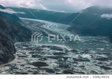 Glagier melting icebergs aerial helicopter tour view of Skagway excursion, Alaska, USA. Global warming and climate change concept 100624658