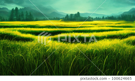 Green field, tree and blue sky.Great as a background,web banner. Generative AI. 100624665