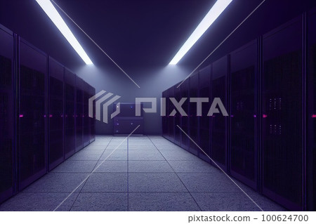 Dark Server racks in computer network security server room data center. Generative AI. Dark Server racks in computer network security server room data center. Generative AI. 100624700