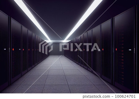 Dark Server racks in computer network security server room data center. Generative AI. 100624701