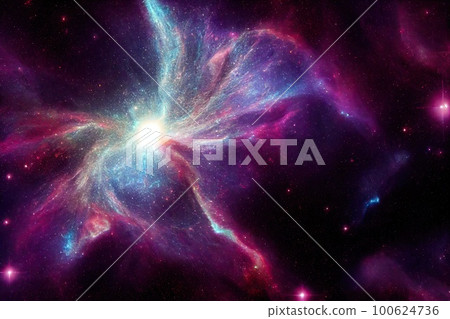 Space background. Realistic starry night. Cosmos and shining stars. Milky way and stardust. Color galaxy with nebula. Magic Infinite universe. Ai generative illustration. 100624736