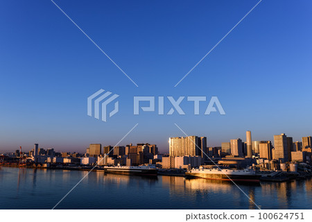 Tokyo Bay at sunrise and container wharf 100624751