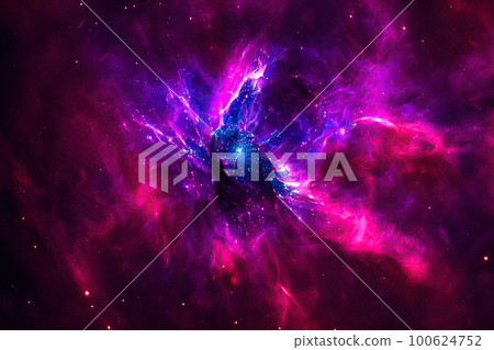 Space background. Realistic starry night. Cosmos and shining stars. Milky way and stardust. Color galaxy with nebula. Magic Infinite universe. Ai generative illustration. 100624752