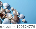 Banner with seashells. Copy space, top view, summer background. Generative AI. 100624779