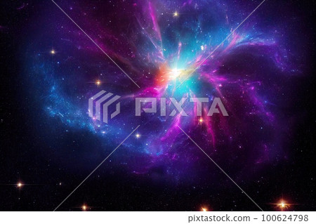 Space background. Realistic starry night. Cosmos and shining stars. Milky way and stardust. Color galaxy with nebula. Magic Infinite universe. Ai generative illustration. Space background. Realistic starry night. Cosmos and shining stars. Milky way and stardust. Color galaxy with nebula. Magic Infinite universe. Ai generative illustration. 100624798