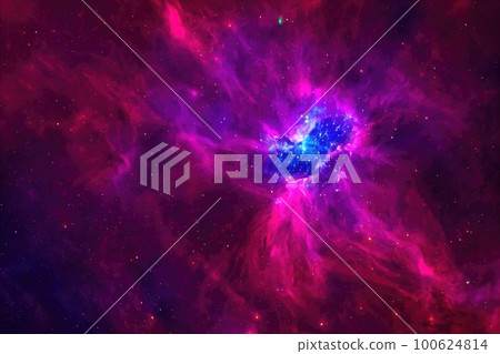 Space background. Realistic starry night. Cosmos and shining stars. Milky way and stardust. Color galaxy with nebula. Magic Infinite universe. Ai generative illustration. 100624814