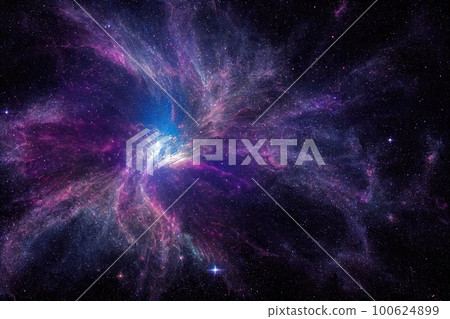 Space background. Realistic starry night. Cosmos and shining stars. Milky way and stardust. Color galaxy with nebula. Magic Infinite universe. Ai generative illustration. 100624899