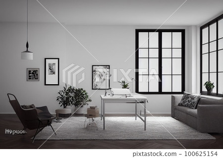 interior modern living room workspace with desk and home office. AI Generative. interior modern living room workspace with desk and home office. AI Generative. 100625154