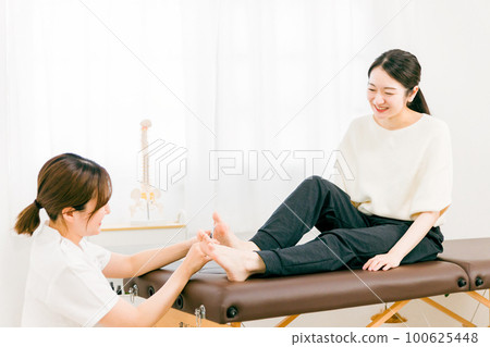 一名婦女和一名身穿白大衣的患者正在治療向內生長的腳趾甲和指甲 100625448