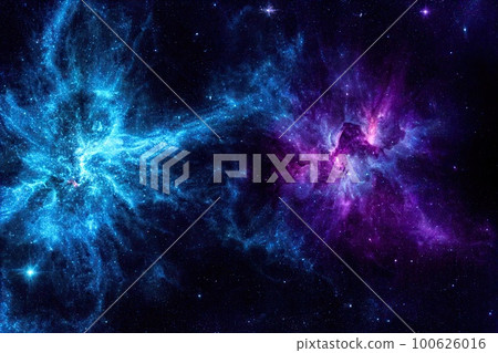 Space background. Realistic starry night. Cosmos and shining stars. Milky way and stardust. Color galaxy with nebula. Magic Infinite universe. Ai generative illustration. 100626016
