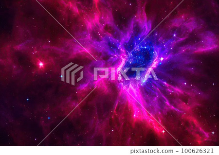 Space background. Realistic starry night. Cosmos and shining stars. Milky way and stardust. Color galaxy with nebula. Magic Infinite universe. Ai generative illustration. 100626321