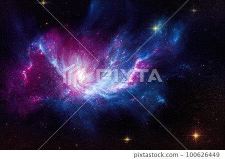 Space background. Realistic starry night. Cosmos and shining stars. Milky way and stardust. Color galaxy with nebula. Magic Infinite universe. Ai generative illustration. 100626449